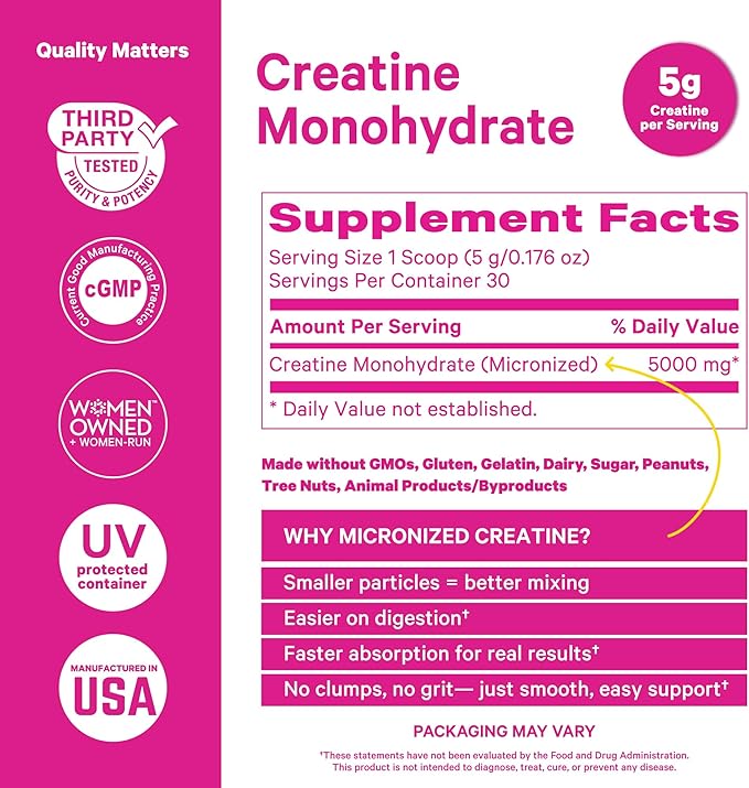 Pink Stork 5g Micronized Creatine Monohydrate Powder for Women - Support Muscles, Cellular Energy, Cognitive Function - Essential Amino Acid - Clean Alternative to Pills or Gummies - 30 Servings