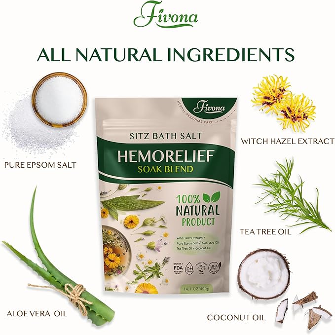 Fivona 2-in-1 Sitz Bath Soak Kit Over The Toilet Seat with Epsom Salt Blend with Essential Oils for Hemorrhoids and Postpartum Care Ideal for Perineal Soaking and Fast Irritation Relief