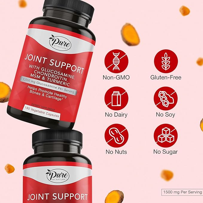Pure By Nature Joint Support, Glucosamine with Chondroitin Turmeric MSM Boswellia Supplement, 180 Capsules