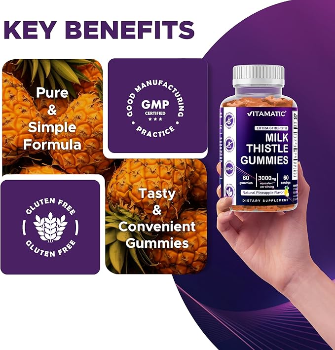 Vitamatic 2 Pack Milk Thistle Gummies- 10000 mg Equivalent Per Serving (from 50:1 Extract 200 mg)- Liver Detox & Anti Oxidant Health - Min. 80% Silymarin Flavonoids - 60 Pectin Based Gummies