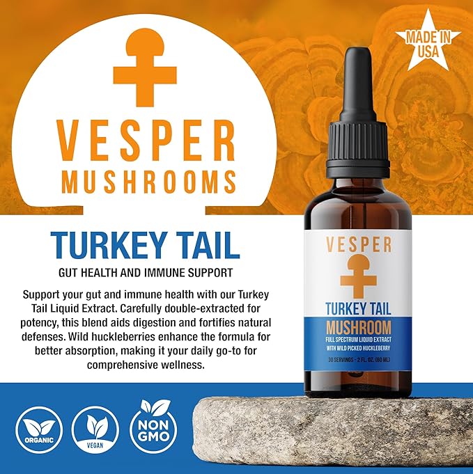 Vesper Turkey Tail Mushroom Liquid Extract - Double Extraction with Wild Huckleberries for Gut Health, Immune Boost, Prebiotic Benefits, USA-Grown, for Digestive & Immune Wellness – 2oz