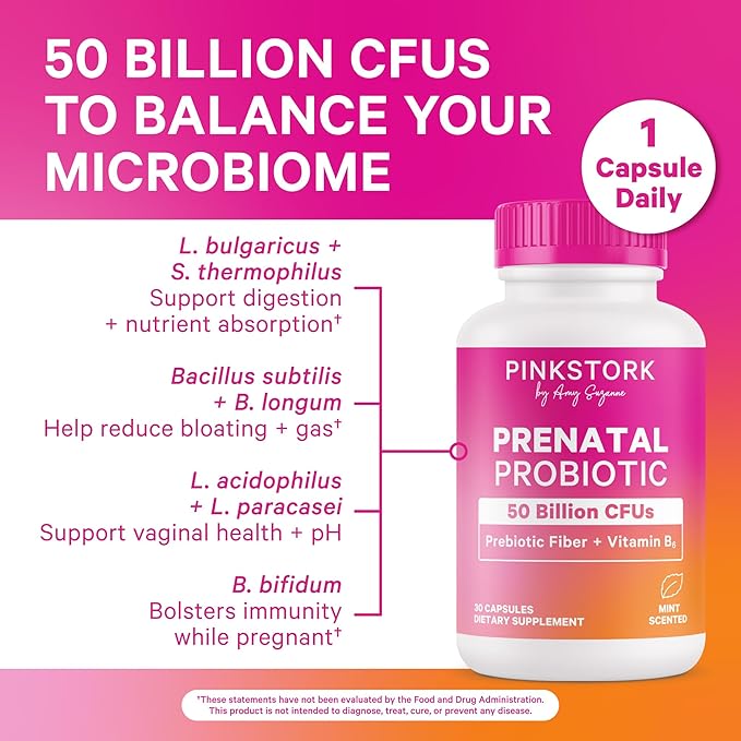 Pink Stork Prenatal Probiotics for Women - 50 Billion CFUs, Vitamin B6, Prebiotics, Morning Sickness, Gut Microbiome, Immune Support, Pregnancy Must Haves, Mint Essence - 30 Capsules