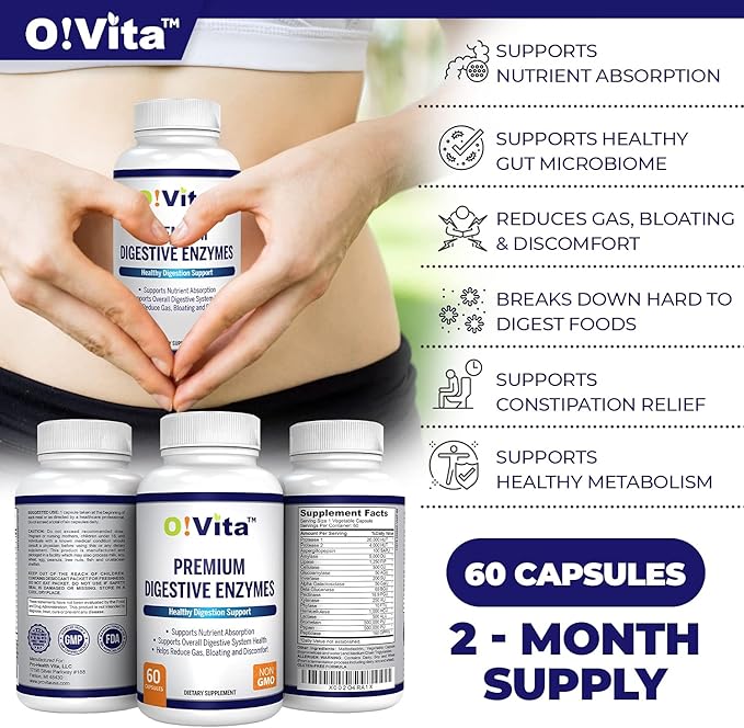Premium Digestive Enzymes with Plant-Based enzymes, Supports Better Digestion, Better Nutrient Absorption (60 Non-GMO Vegetable Capsules)