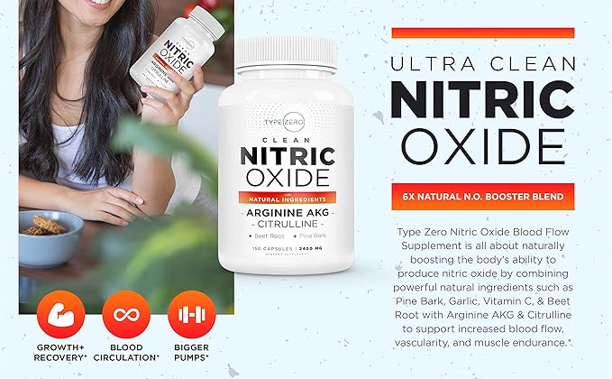 Type Zero Nitric Oxide 6X Booster, 150 Veggie Capsules - Natural Supplement - Beetroot, Arginine AKG, Citrulline, Pine Bark, Garlic & VIT C | Nitrous Oxide