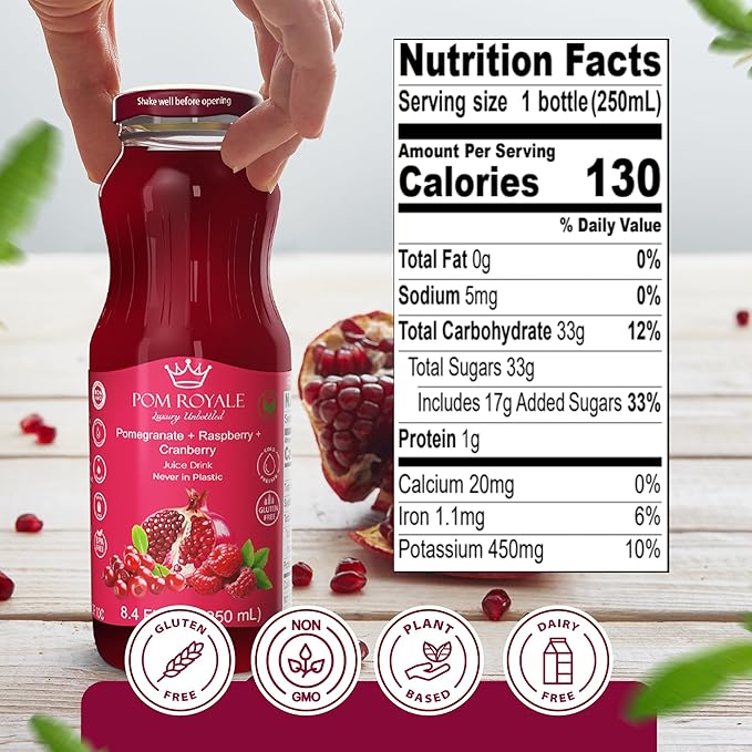 Pomegranate Raspberry Cranberry, 8.4 Ounce Glass Bottle (Pack of 15), Cold Pressed Juice, Non-GMO, Gluten Free, Kosher Certified, Preservative Free