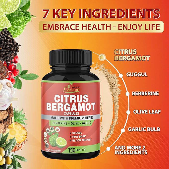 Organic Cadane Citrus Bergamot Supplement Capsules with Berberine, Olive, Guggul, Garlic, Pine Bark, Black Pepper - 150 Caps for 5 Months Supply