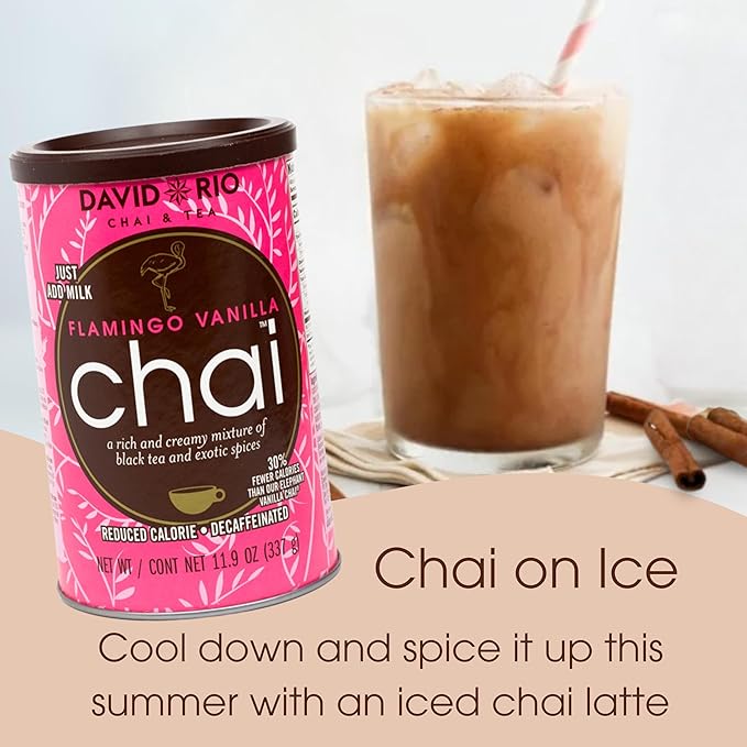 Flamingo Vanilla Decaffeinated Reduced Calorie Chai Tea Latte Mix, 11.9 Oz, Decaf Black Tea, Organic Spices, Sugar Free, Dairy Free, Serve Hot or Cold, Just Add Water or Milk, 18 Servings