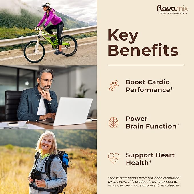 FlavaMix Performance Cocoa Powder | 900mg of Cocoa Flavanols | Promotes Heart & Brain Function | Boosts Nitric Oxide | Plant Based, Zero Sugar | 31 Servings
