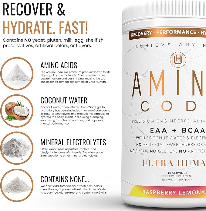 Ultra Human Amino Code | Essential Amino Acids + BCAAs + Coconut Water Electrolytes | Fast Hydration Workout Recovery Amino Energy Powder Drink | Clean Formula, 40 Servings - Raspberry Lemonade
