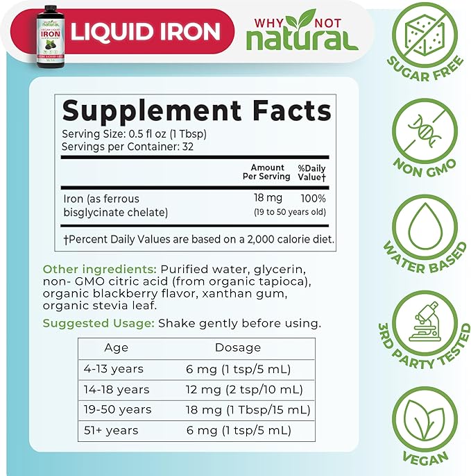 Why Not Natural Liquid Iron Supplement for Women, Men and Kids, Vegan Formulation for Anemia, Sugar Free, Vegan, Non-GMO, Organic BlackBerry Flavor 16 Fl Oz