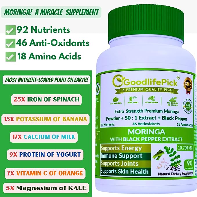 Premium Moringa Capsules. with Black Pepper from Handpicked Moringa Leaves with 50:1 Extract & Moringa Powder for Overall Wellness 90ct AllNatural NonGMO Lab-Tested No Rice Powder No Filler Vegan