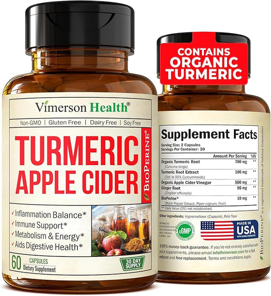Turmeric Supplement and Organic Apple Cider Vinegar Capsules with Ginger for Joint Health, Metabolic & Digestive Support. Premium Turmeric Apple Cider Vinegar Supplements. Non-GMO. Vegan. 60 ACV Caps