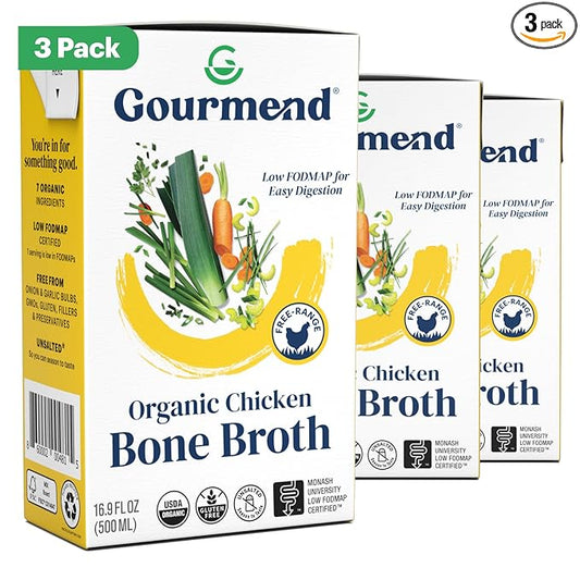 Organic Unsalted 16.9oz Chicken Bone Broth (3 Pack) – 7 Ingredients, Low FODMAP Certified, Filler Free, Gluten Free, Onion & Garlic Bulb Free