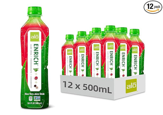 ALO Aloe Vera Juice Drink | ENRICH - Pomegranate + Cranberry | 16.9 fl oz, Pack of 12 | Plant-Based Drink with Real Aloe Pulp
