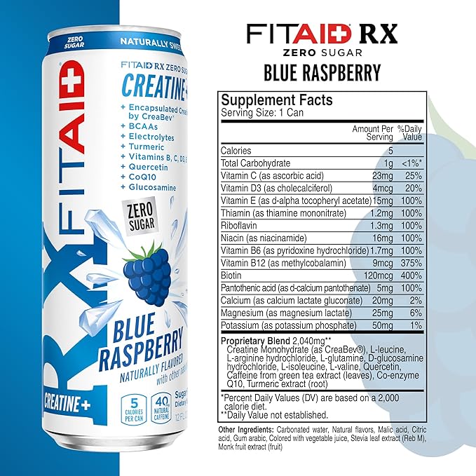 FITAID RX Zero Sugar, Encapsulated Creatine, Workout Recovery Drink, All-In-One Blend, BCAAs, Glucosamine, Turmeric, B-Complex, Electrolytes, Variety Pack, 12 Fl Oz (Pack of 12)