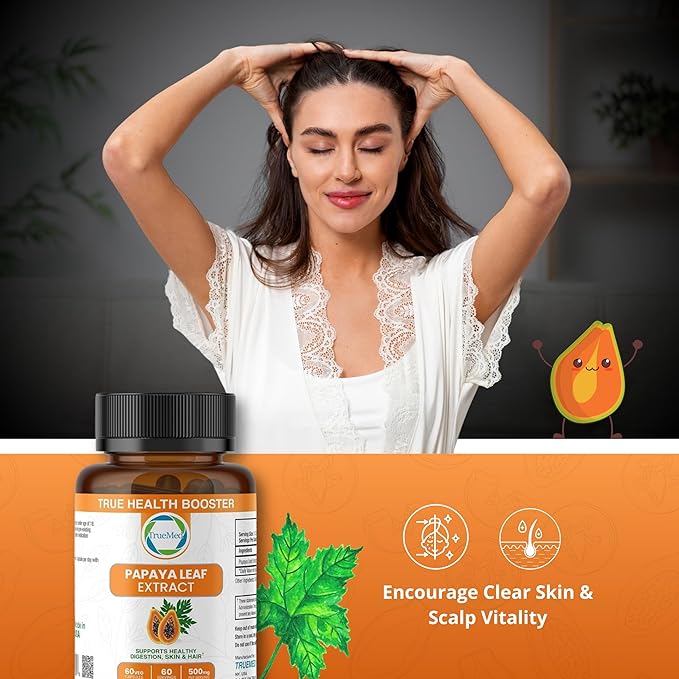 Papaya Leaf Extract 500 mg for Hair, Skin with 4X Extra Strength Support Blood Platelet with 60 Capsules for 60 Days Supports Digestive Health & Natural Antioxidant