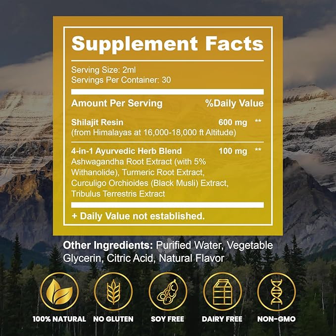Himalayan Shilajit Resin Liquid Drops, Pure Organic Himalayan Shilajit Resin 600mg with Ayurvedic Blend & 85+ Trace Minerals & Fulvic Acid for Brain Booster & Energy Immune Support, 2 Fl Oz