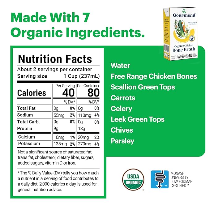 Organic Unsalted 16.9oz Chicken Bone Broth (3 Pack) – 7 Ingredients, Low FODMAP Certified, Filler Free, Gluten Free, Onion & Garlic Bulb Free