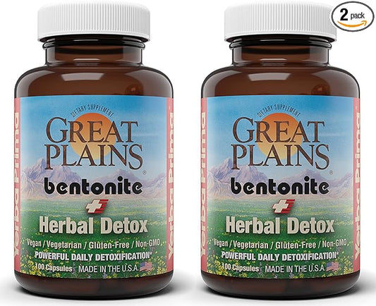 Yerba Prima Great Plains Bentonite Clay Caps Plus Herbal Detox (Pack of 2) - Food Grade - Liver & Colon Cleanse Supplement Capsules