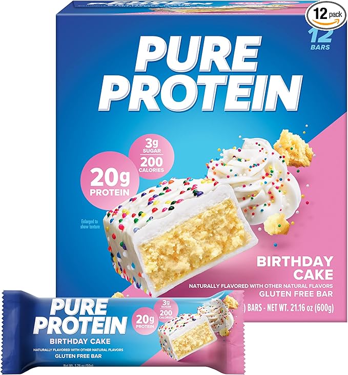 Pure Protein Bars, High Protein, Nutritious Snacks to Support Energy, Low Sugar, Gluten Free, Birthday Cake, 1.76 oz, Pack of 12 (Packaging May Vary)