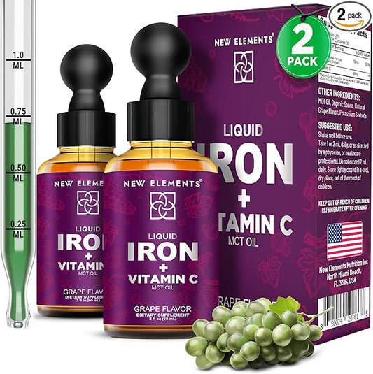 [2 𝐏𝐚𝐜𝐤] Liquid Iron Supplement with Vitamin C – 18mg Iron & 50mg Vitamin C for Anemia Support – Blood Builder Drops for Women & Men – Fast Absorption, Boosts Energy & Immunity – Vegan, Non-GMO