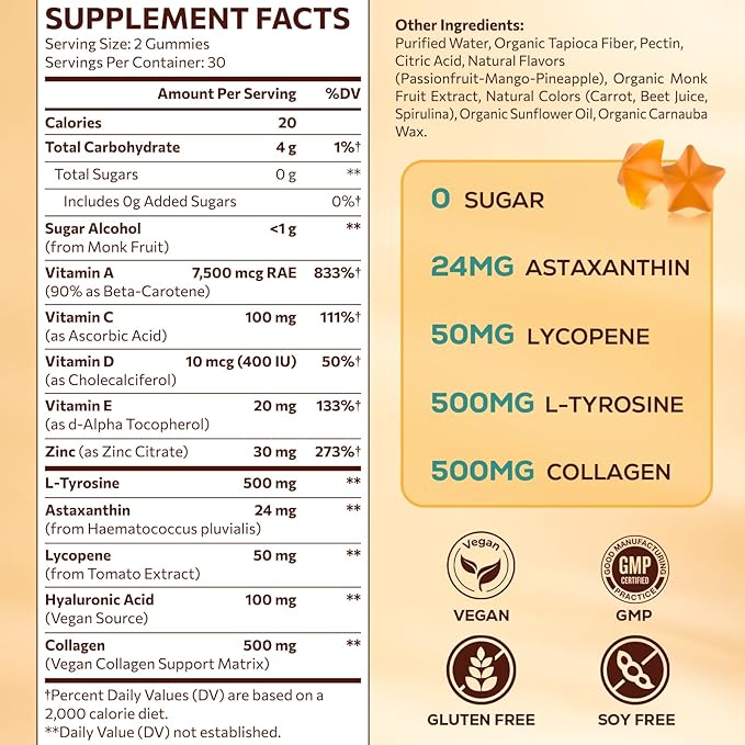 Tanning Gummies with Astaxanthin for Women and Men | Sunless Tanning Supplement with Beta Carotene, Lycopene, Collagen & Vitamins | Skin Radiance & Hydration | Vegan & Sugar Free - 60 Count