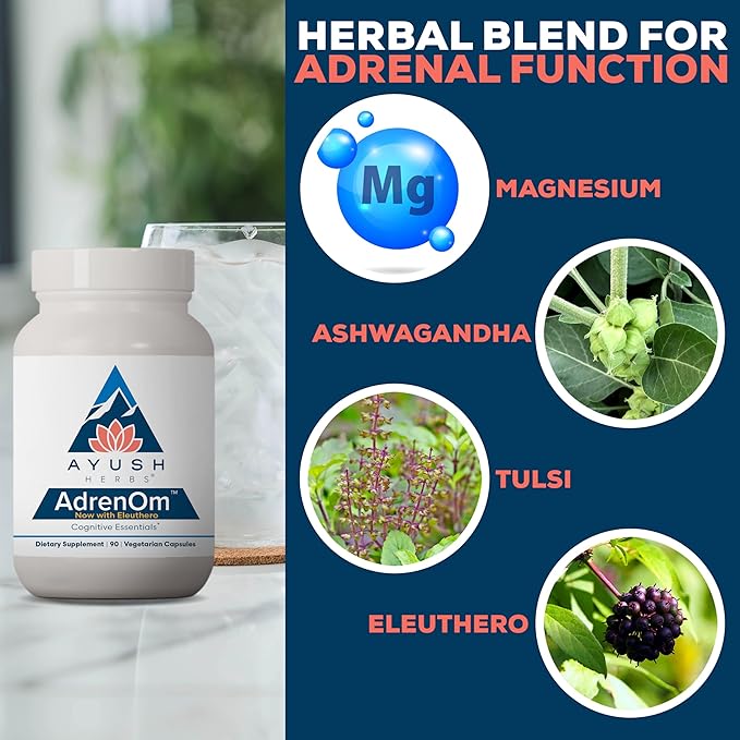 Ayush Herbs AdrenOm - Ayurvedic Adrenal and Stress-Support Supplement for Women & Men, Ashwagandha & Eleuthero to Support Adrenal Balance, Cognitive Function & Calm - 90 Vegetarian Capsules (1 Count)