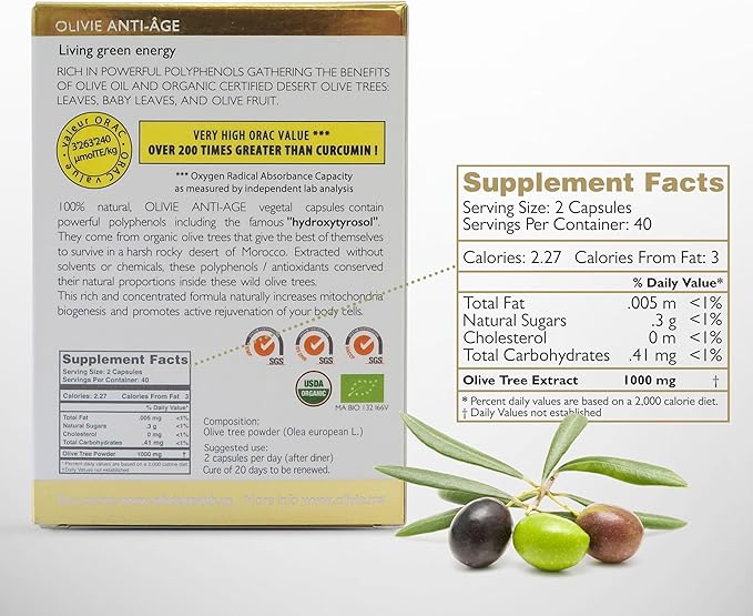 Organic Antioxidant Polyphenols Rich Olive Leaf Extract Supplement Capsules Olivie | Hydroxytyrosol Oleuropein Anti Aging Supplement | 40 Capsules