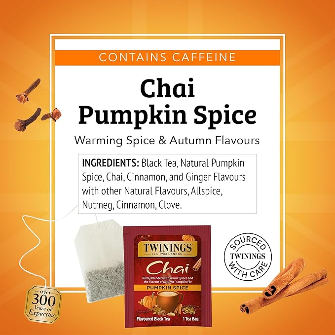 Twinings Pumpkin Spice Chai Black Tea Individually Wrapped Bags | 20 Count (Pack of 6), Warm, Spicy & Aromatic, Caffeinated