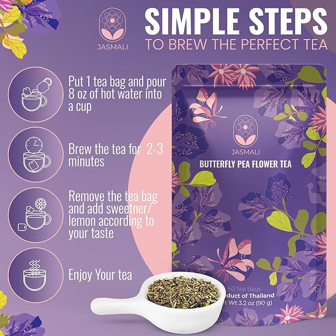 Jasmali Butterfly Pea Flower Tea - 60 Tea Bags, Herbal Tea, Vacuum Sealed for Freshness, Sourced from Thailand, Caffeine Free, Gluten Free, Vegan, Plant-Based, Blue Pea Flower Tea
