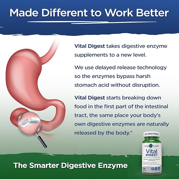 Vital Planet – Vital Digest Natural Digestive Enzymes Supports Breakdown of Proteins, Fats, and Carbohydrates and Reduces Occasional Gas, Bloating and Indigestion 90 Capsules (Packaging May Vary)
