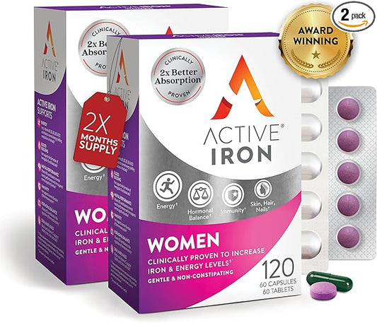Iron Supplement 25mg + Multivitamin for Women – Clinically Proven to Increase Energy & Reduce Tiredness – Gentle, Non-Constipating Iron + Women’s Multivitamin – 60 Capsules + 60 Tablets