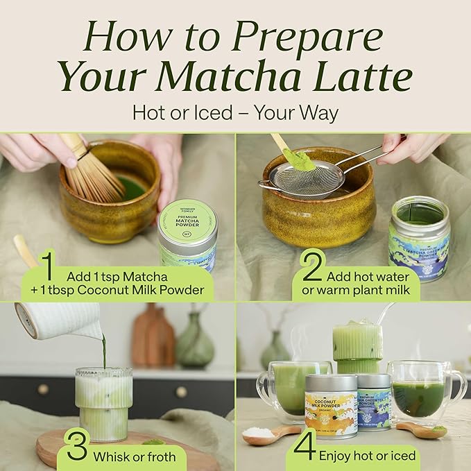 Organic Matcha Latte Powder & Coconut Milk Set – Ceremonial Grade First Harvest Matcha – USDA Organic Green Tea Sugar Free – Coffee Alternative (1.06 oz)