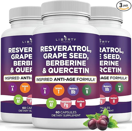 Resveratrol, Berberine, Grape Seed Extract, Quercetin, Polyphenol Supplement for Women and Men with Noni Extract, N-Acetyl Cysteine, Acai Extract (180 Count)