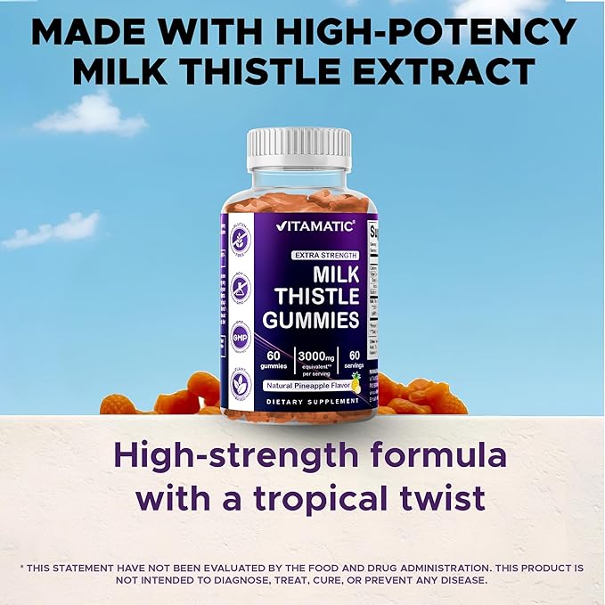 Vitamatic 2 Pack Milk Thistle Gummies- 10000 mg Equivalent Per Serving (from 50:1 Extract 200 mg)- Liver Detox & Anti Oxidant Health - Min. 80% Silymarin Flavonoids - 60 Pectin Based Gummies