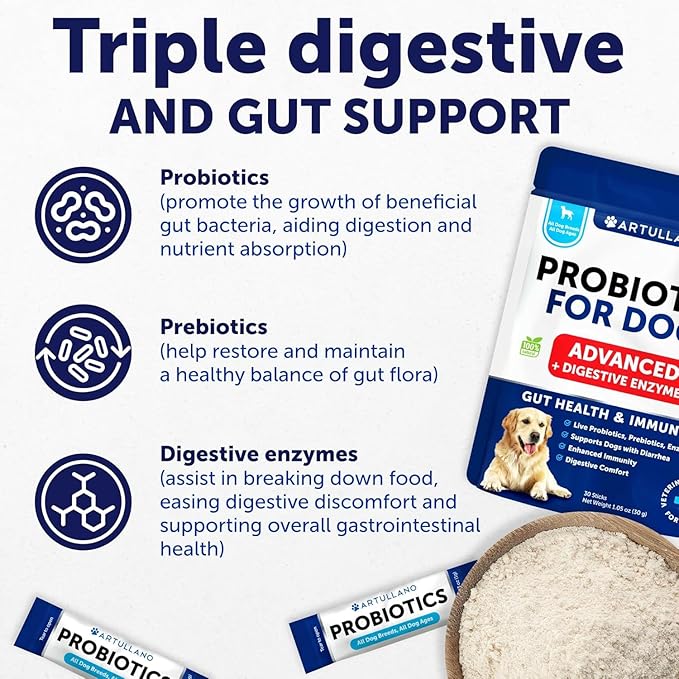 Probiotic Powder for Dogs - Support Gut Health, Itchy Skin, Allergies, Immunity, Yeast Balance - Dog Probiotics and Digestive Enzymes with Prebiotics - Reduce Diarrhea, Gas - 30 Probiotic Sticks