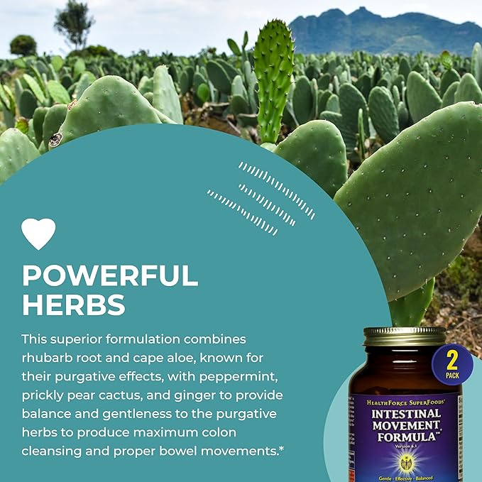 HEALTHFORCE SUPERFOODS Intestinal Movement Formula - Natural Laxative Supports Bowel Regularity - All-Natural Digestion Supplement to Support Constipation - Gluten-Free & Vegan - 120 Caps (Pack of 2)