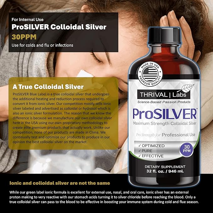 ProSILVER Black Label Pro-Strength Colloidal Silver for Immune Support, 30 PPM Maximum Strength for Professional Use, Dark Glass Bottle - Thrival Labs (64oz)
