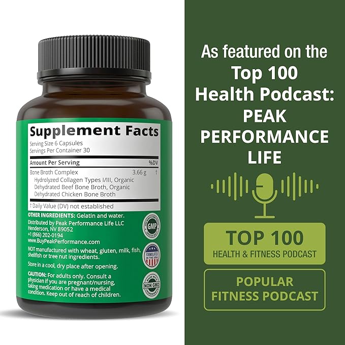 Bone Broth Collagen Capsules. 180 Pills of Grass Fed Bone Broth Collagen Protein Peptides. Contains All 3 Types 1, 2, and 3. Pure Pasture Raised Paleo Friendly Tablets for Women and Men