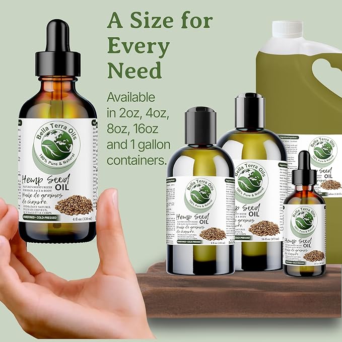 Bella Terra Oils - Hemp Seed Oil 4 oz - Cold-Pressed & Nutrient-Rich, Infused with Phytosterols, Potassium & Calcium for Skin & Hair Care