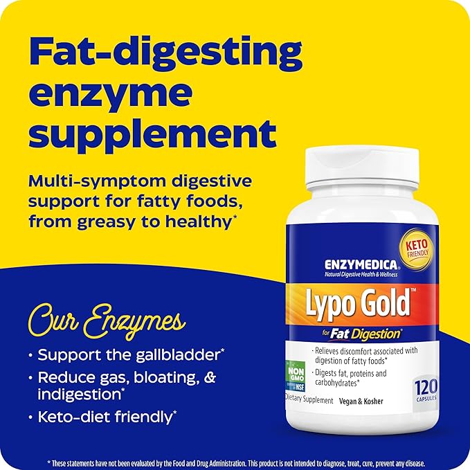 Enzymedica Lypo Gold, Digestive Enzymes for Fat Digestion, Offers Fast Acting Gas & Bloating Relief, 120 Count