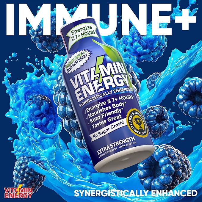 Vitamin Energy Immune+ Extra Strength Energy Shot Blue Raspberry 48 Pack, 260mg Natural Caffeine, B-Vitamins, Citicoline, Green Tea, Immunity & Focus Support, Zero Sugar, Gluten-Free 1.93 fl oz
