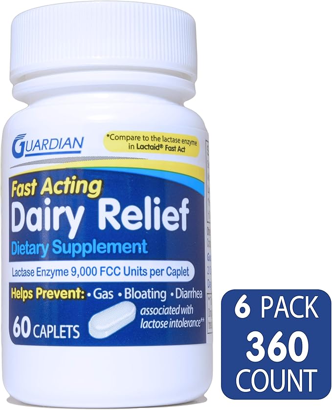 Guardian Dairy Relief Fast Acting Caplets, 9000 FCC, Lactose Intolerance Pills, Lactase Enzyme (360CT (Bottles))