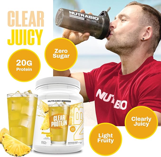 NutraBio Clear Protein Powder, Pineapple Splash - 20 Servings, 20g Clear Whey Protein Isolate, 0 Sugar, 0g Lactose, Refreshing Fruit Flavors, GLP1 Support - Bone Health - Muscle Post Workout Recovery