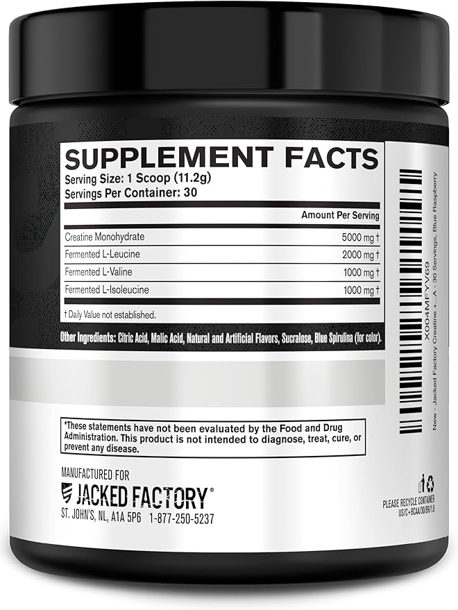 Jacked Factory Creatine + BCAAs - Creatine Monohydrate + BCAA Powder for Increased Post-Workout Recovery, Performance, Lean Muscle Growth, & Reduced Fatigue - 30 Servings, Blue Raspberry