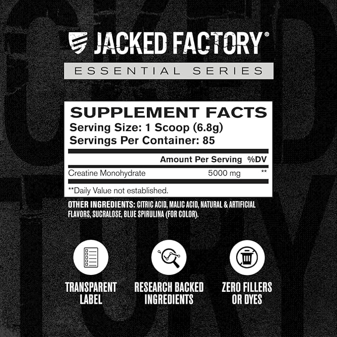 Jacked Factory Flavored Creatine Monohydrate Powder 425g - Creatine Supplement for Muscle Growth, Increased Strength, Enhanced Energy, & Improved Athletic Performance - 85 Servings, Blue Raspberry
