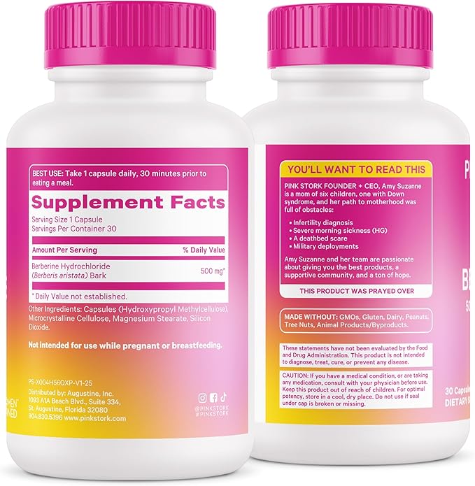 Pink Stork Berberine 500mg - Nature's GLP-1 Supplement - Daily AMPK Metabolic Activator - 500-1000 mg Metabolism + Gut Health for Women | Third-Party Tested | Vegan | Non-GMO| 30 Capsules