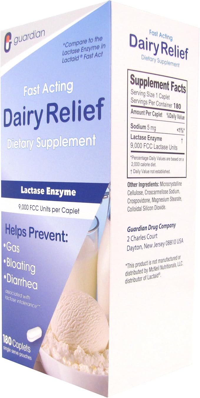 Guardian Dairy Relief Fast Acting Lactase, 360 Caplets, 9000 FCC Maximum Strength, Lactose Intolerance Pills, Lactase Enzyme Supplement (360 CT)
