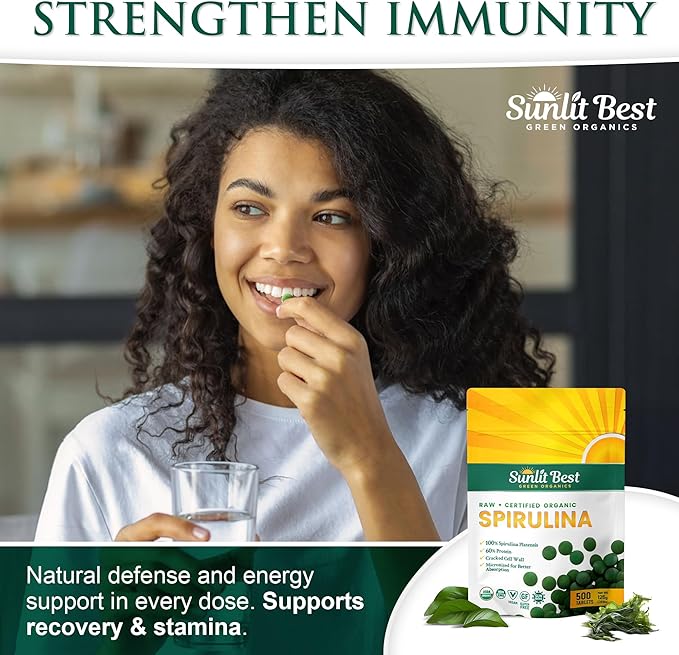 Sunlit Best Spirulina Tablets - Organic Spirulina Tablets USDA Premium 500 Count - Natural Spirulinas Organic Burst for Immune Support Muscle Growth, Energy Boost w/Chlorophyll - High Protein, Non GMO