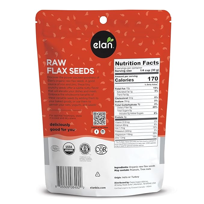 Elan Organic Flax Seed, Whole Seeds, Raw Seeds, Non-GMO, Vegan, Gluten-Free, Kosher, High in Fiber, Gels Easily, 8 pack of 9.7 oz